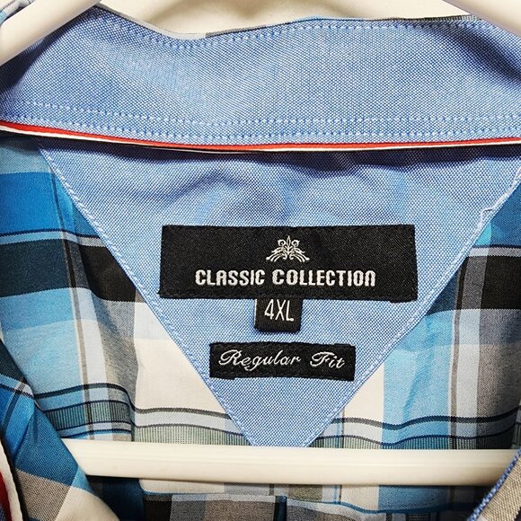 Mens Classic Collection Size 4XL Plaid Button-Up Shirt Blue/White Regular Fit - Picture 2 of 8